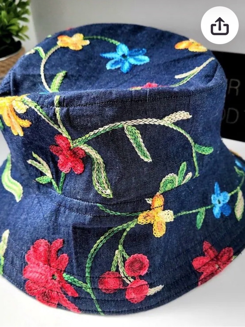Embroidered Floral Denim Bucket Hat - Navy reversible kids